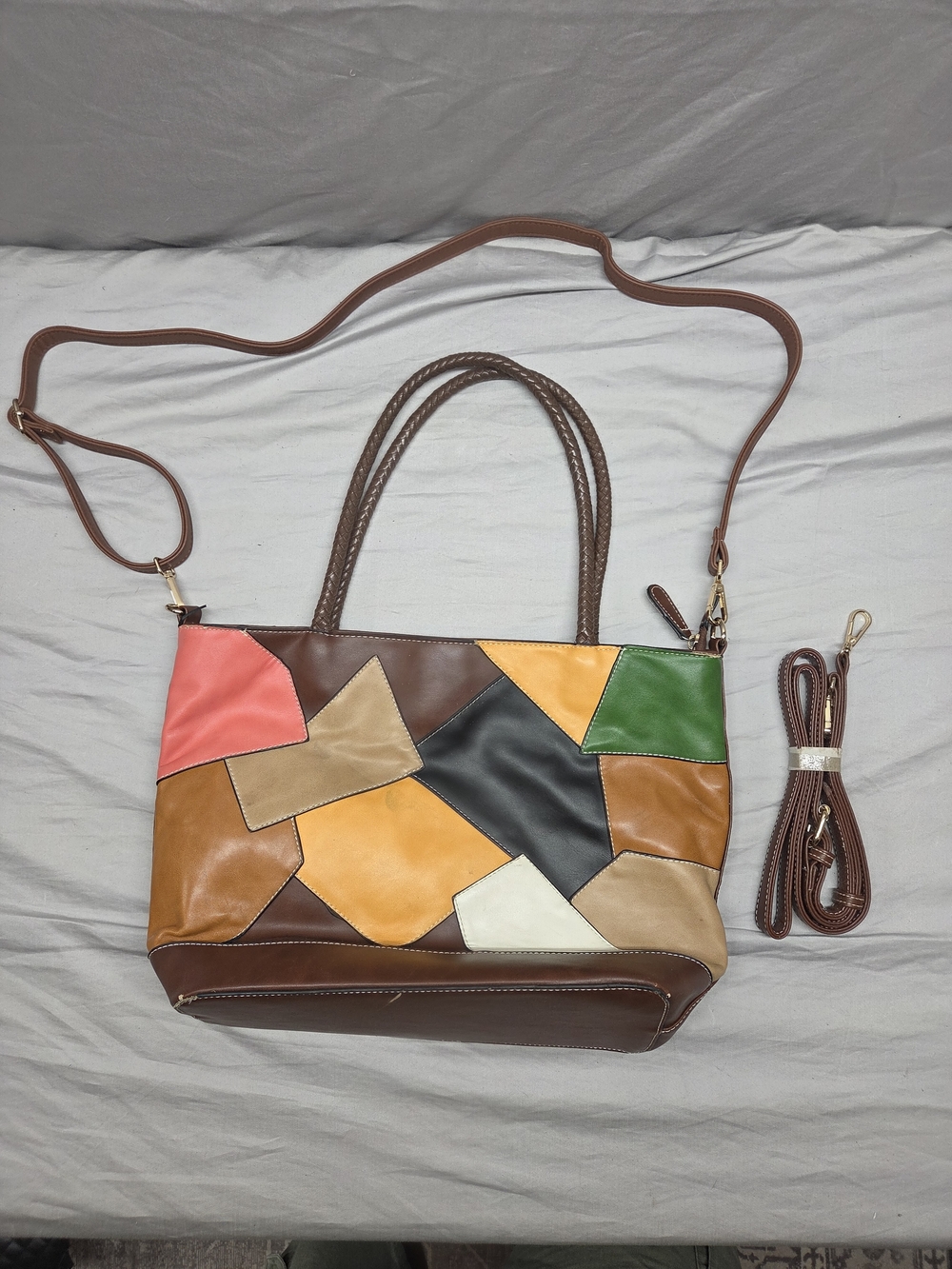 VIETA Fashion Colorblock Patchwork Leather Tote with Brown Trim